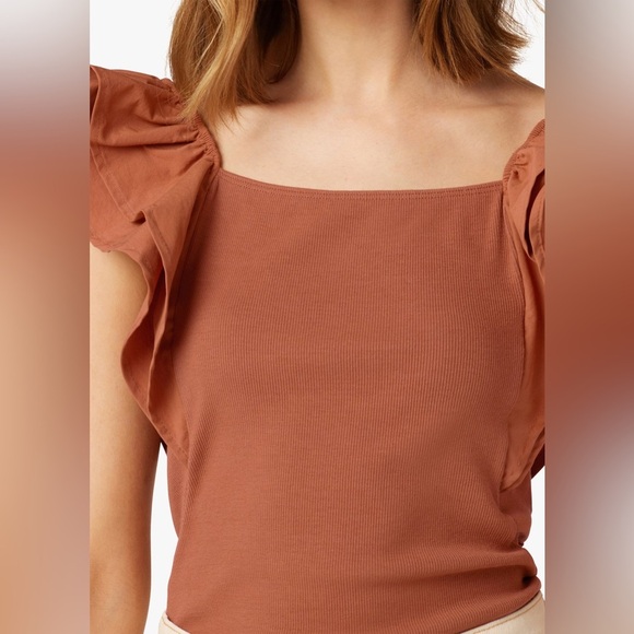JOES JEANS COLLECTION Leslie Tan Almond RUFFLED SLEEVE RIBBED TANK TOP SMALL - Picture 3 of 10